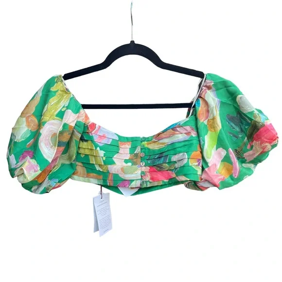 Alémais Arlo NWT Printed Off-the-Shoulder Silk Top Forrest - Picture 12 of 14